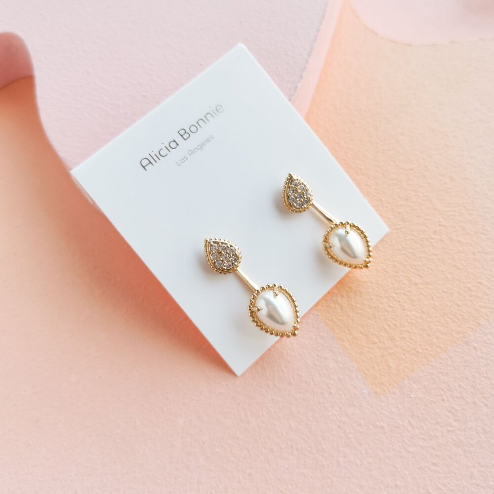 Alicia Bonnie - Dual Elegance Pearl White Crystal Gold Ear Jacket Earrings - NEW